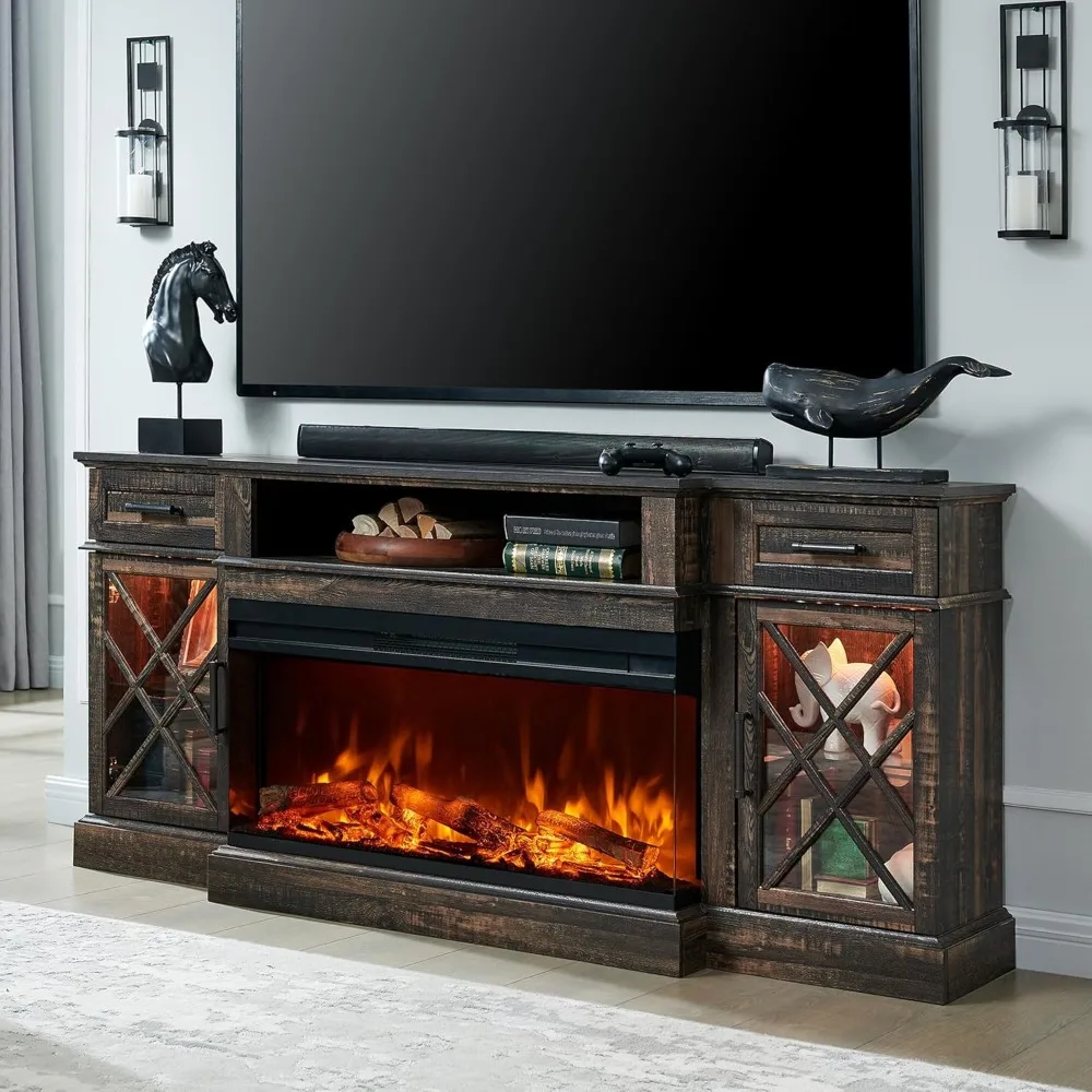 

Farmhouse Fireplace TV Stand for TVs up to 80'', Center with Glass Door Storage Cabinet, 70'' Large TV Stands