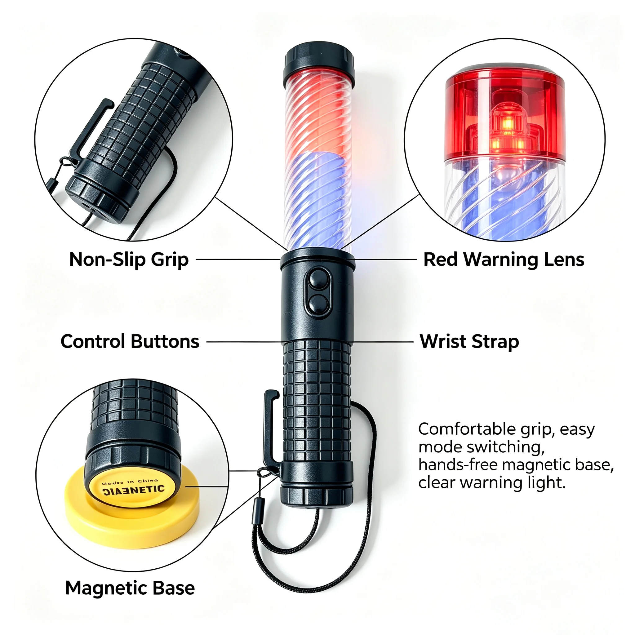 30cm Traffic Light Baton Concert Light Stick Side Clip Design Signal Traffic Wand LED Warning Lamp 3 Flashing Modes