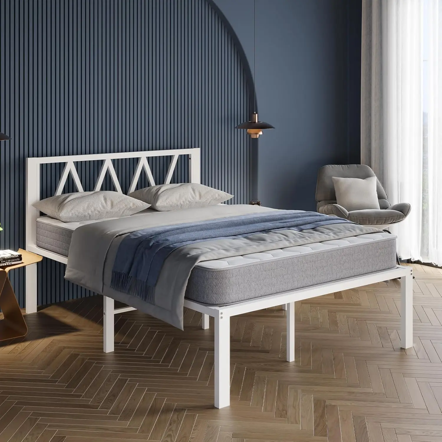 

18 Inch Full Size Bed Frame with Headboard, White Metal Platform Bed Frame, Full Bed Frame No Box Spring Needed, Easy As