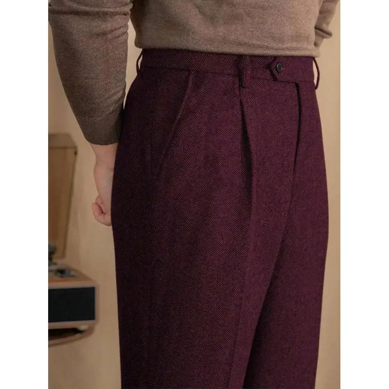 Herringbone Pattern 9-Piece Pants Casual Loose Fit Business Gentleman Style for plus Size Men Winter Collection Cropped Trousers