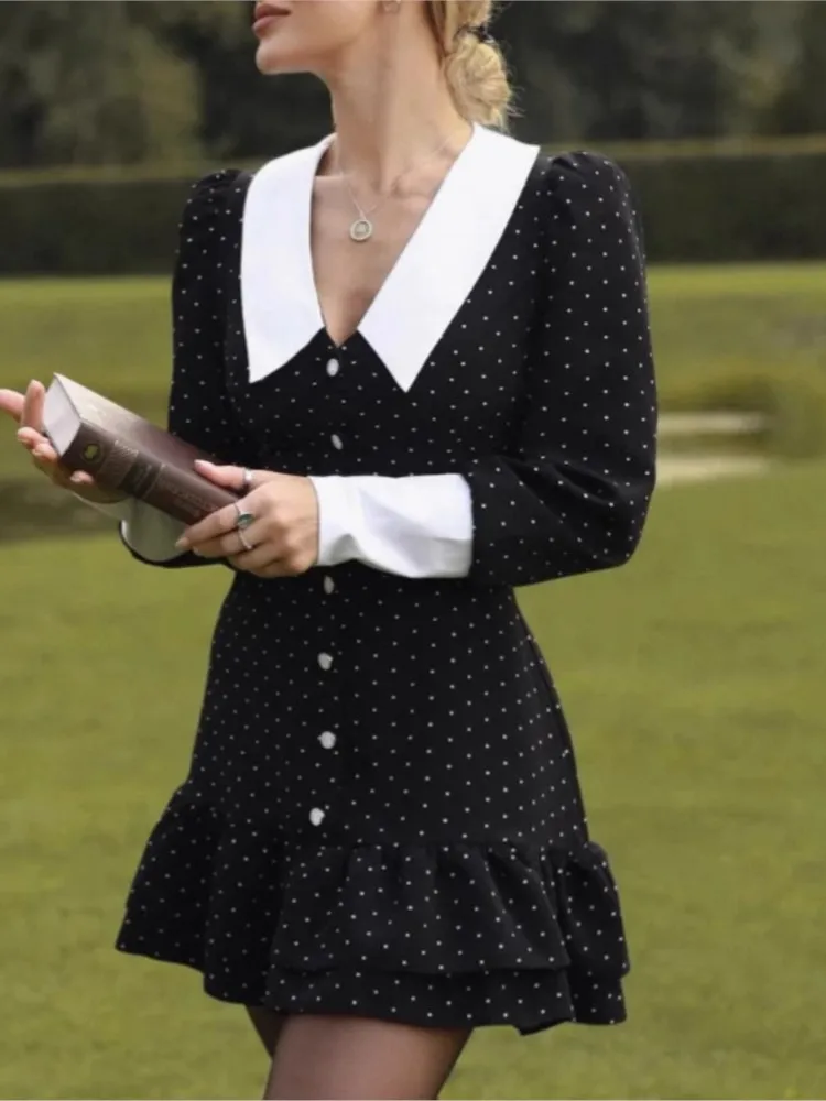 

Slim A-line Dress Vestidos Dresses 2025 Woman Vintage Temperament Elegant Buttons Polka Dots Long Sleeves V-link Simple Style