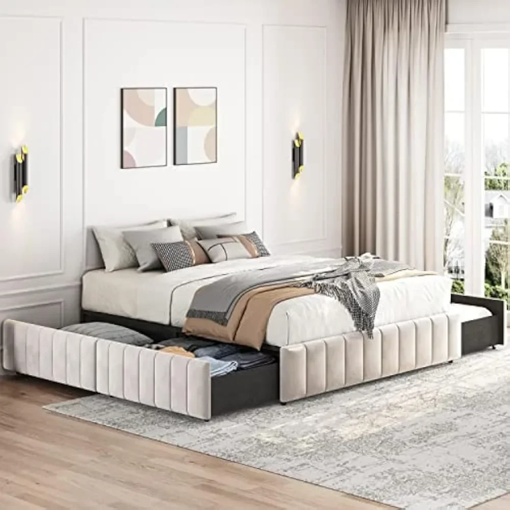 Bed Frame Upholstered Platform Bed with 4 Storage Drawers, Large Storage Space/Strong Wooden Slats