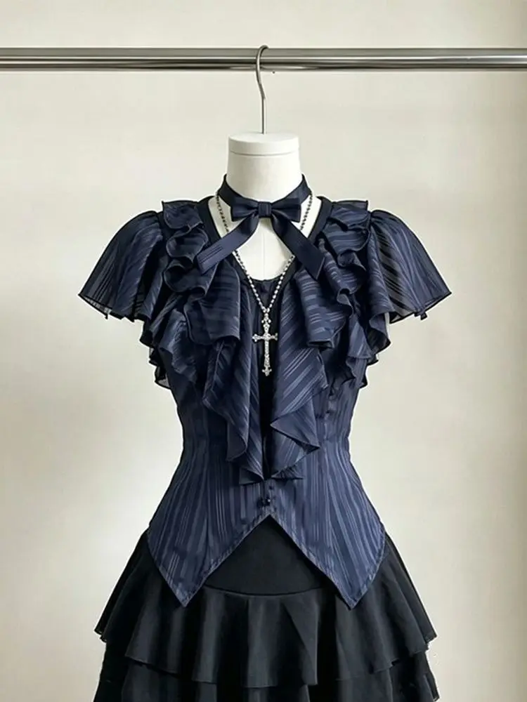 Gothic American Dark Retro 2 Piece Sets Women Y2k Ruffle Design Blouse + Chic Mini Skirt Female Retro Korean Popular Clothes