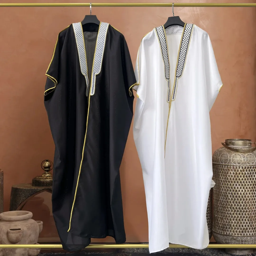 Embroidered Bachelor's Robe Arabic Men's Abaya Bisht Short Sleeve Islamic Arabian Cloak Muslim Jubbah Thobe Moroccan Dishdasha