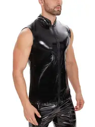 S-7XL Wet Look PVC Tank Top Shiny PU Leather Sleeveless Muscle Shirt Zipper Vest Tanktop Tight Sexy Bodybuilding Hot Shapers Top