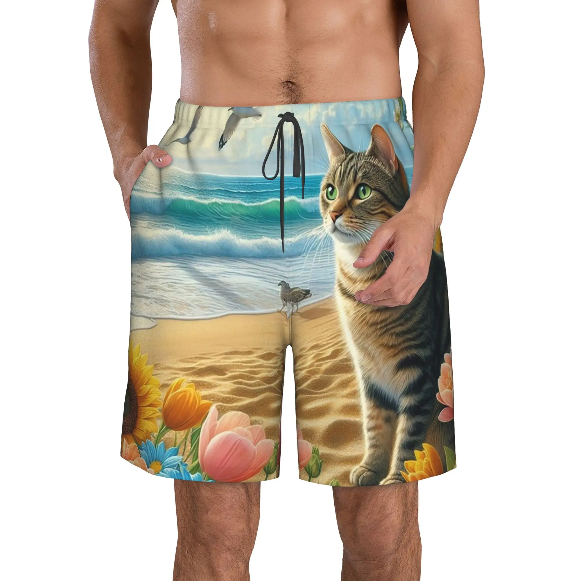 Artistic Cat on Beach Trunks Beach Board Shorts Casual Quick Dry Swim Summer Men Pants