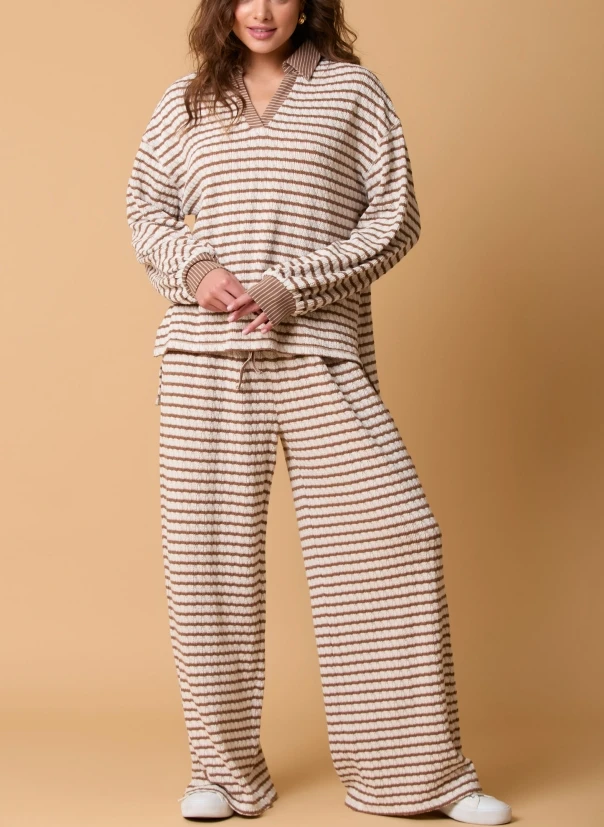 Striped Long Sleeved T-Shirt+Long Pants Two-Piece Fashionable Casual Set for Women