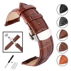 14/15/16/17/18/19/20/21/22/23/24mm Genuine Leather Watch Bracelet for Seiko for Samsung Galaxy Stainless Steel Butterfly Buckle