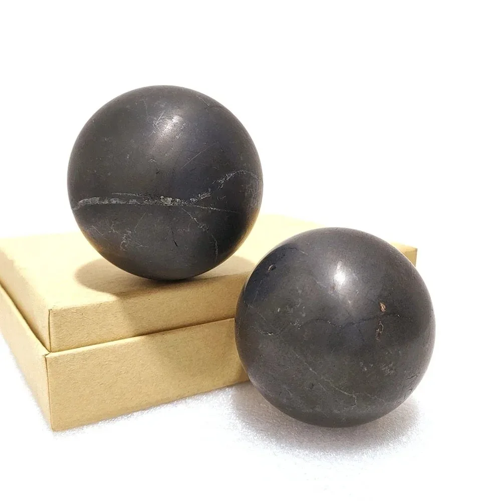 Natural Shungite Ball Stone Black Crystal Sphere with Quartz Point, Feng Shui Healing Mineral for Home Office