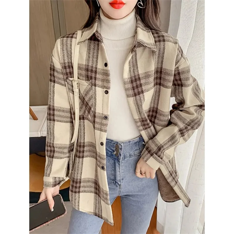 Woolen Shirt Coat For Women Autumn Winter 2024 New Retro Hong Kong Style Loose Slim Mid Length Thick Fleece Warm Plaid Shirt Top