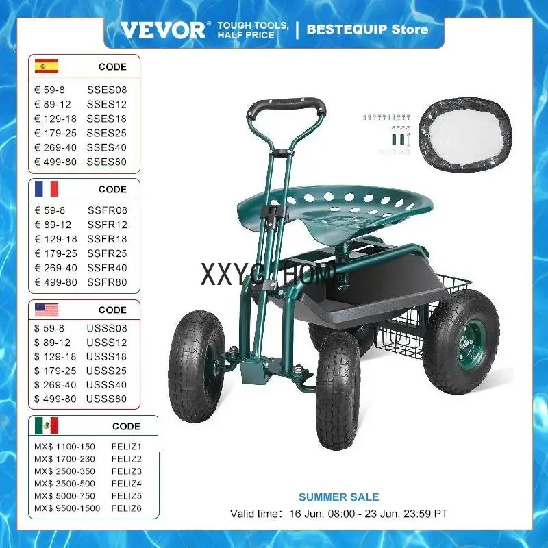

Garden Cart Rolling Workseat with Wheels Gardening Stool for Planting 360 Degree Swivel Seat Wagon Scooter with Steering