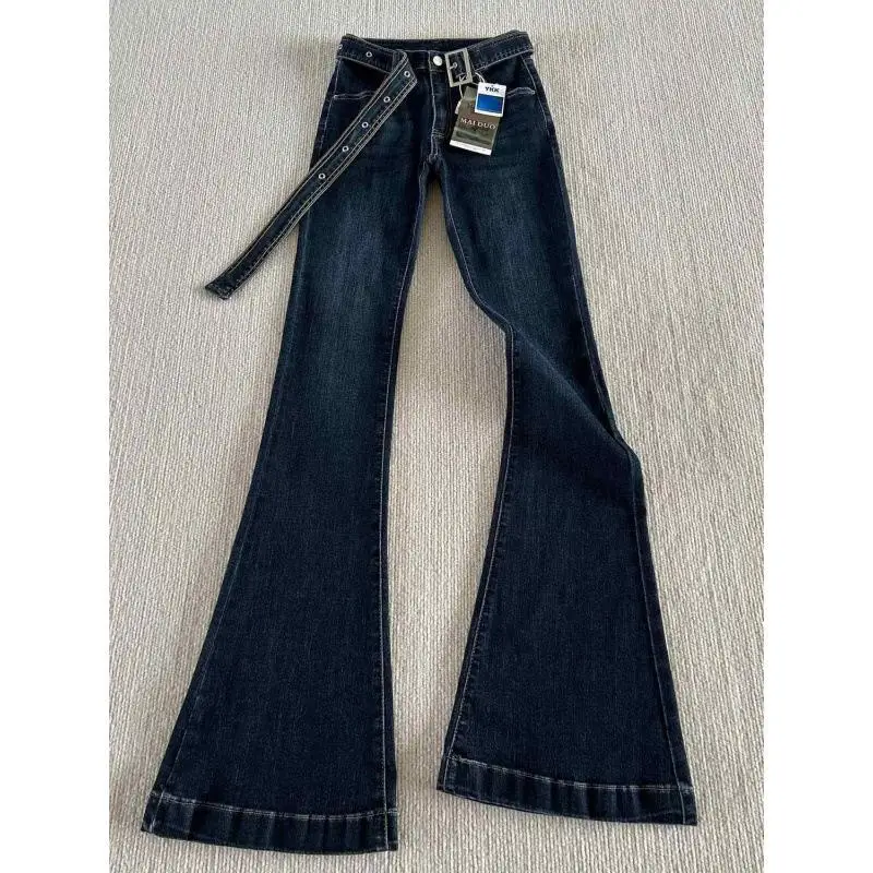 

Dark blue American-style flared jeans that flatter the figure for women2025New slim-fit low-waist stretch pants