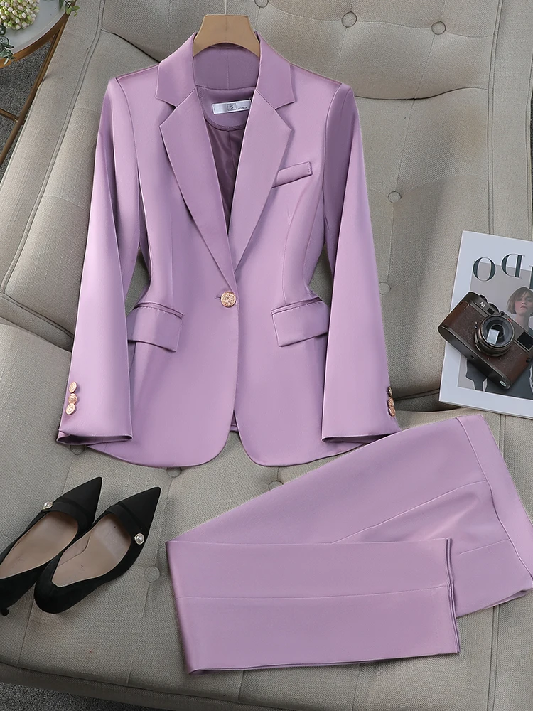 Fashion Office Ladies Pant Suit Women Black Red Purple Apricot Female Work Wear Jacket Blazer and Trouser Formal 2 Piece Set