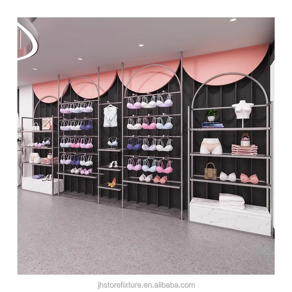 ODMランジェリー陳列台 壁掛けランジェリー陳列什器 ステンレス製シルバー 下着店陳列棚