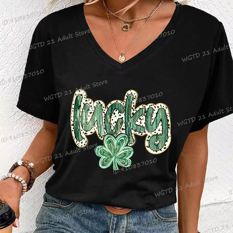 Happy St. Patrick’s Day T Shirt for Women Lucky Letter Short Sleeve Tees Fashion Glitter Shamrock Graphic Casual Female Y2K Tops