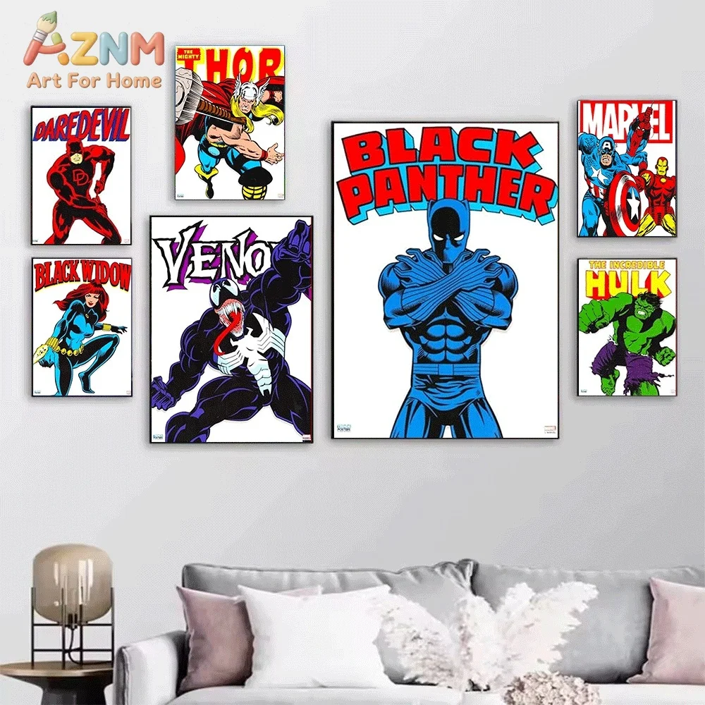 Classic Retro Marvel Superhero Comic Cover Canvas Wall Print, Vintage Avengers Character Title Art Poster, Unframed Canvas Pai