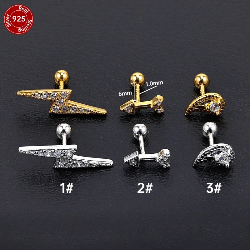 1PC Pendientes Plata 925 Piercing Stud Earrings For Women Cubic Zirconia 925 Sterling Silver Cartilage Earring Jewerly