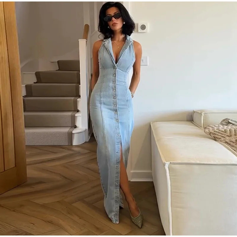 Abito lungo Jean da donna Colletto rovesciato senza maniche monopetto con spacco frontale 2025 Abiti casual femminili di moda estiva