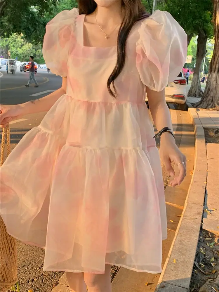 Sweet Fashion Square Collar Y2k Dress for Women 2023 Summer New Loose Mesh Vestidos Short Puff Sleeve Mini Cake Dresses