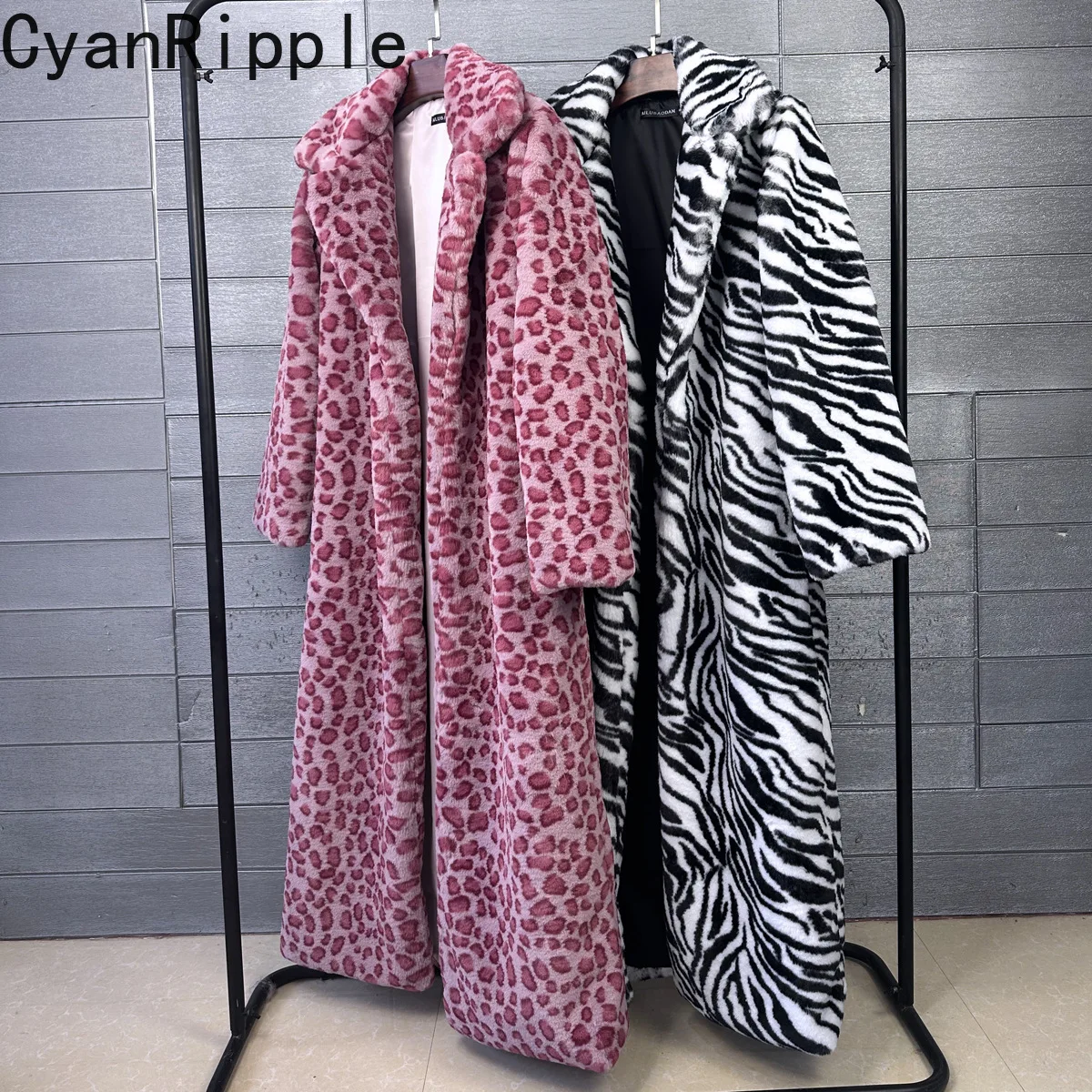 Pink Leopard Zebra Stripe Imitation Rabbit Fur Overcoat Trendy Winter Turn-down Collar Full Sleeve Long Faux Fur Jacket Coat