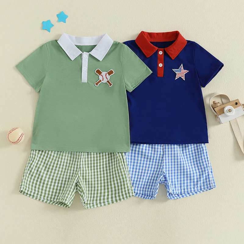 

Toddler Infant Baby Boy 4th of July Outfits Star Embroidery Lapel Short Sleeve T-Shirt with Elastic Waist Plaid Shorts Outfit