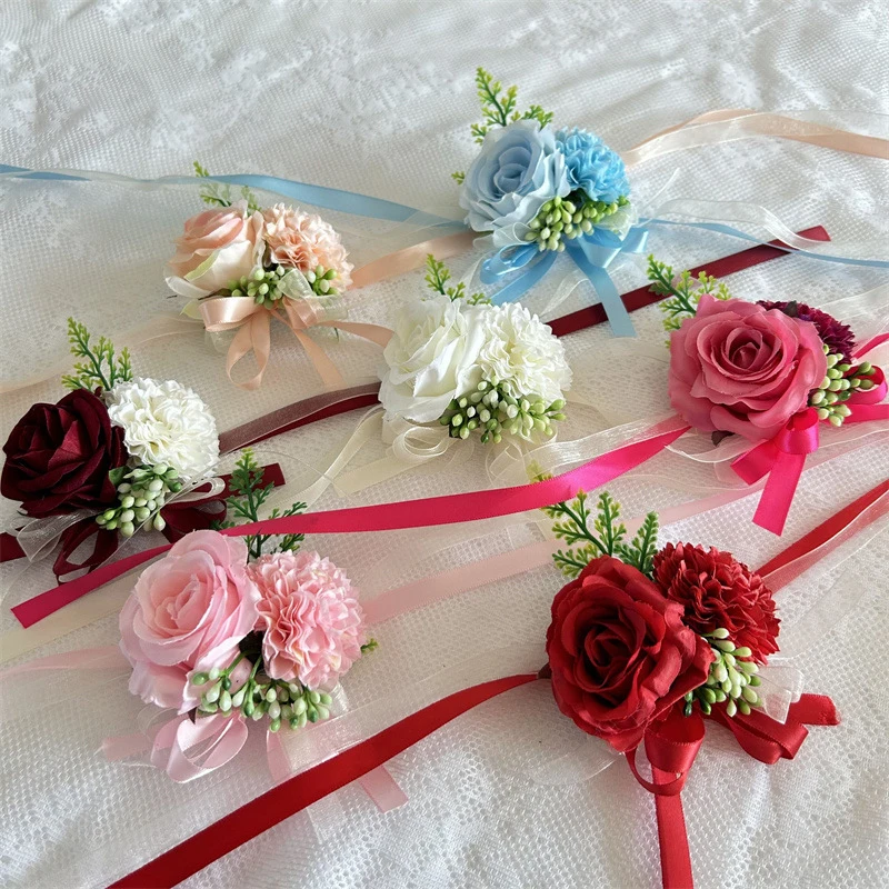 1PC Hand Flowers Bride Corsage Hand Decorative Wrist Flower Rose Silk Ribbon Rose Wrist Flower Wedding Boutonniere