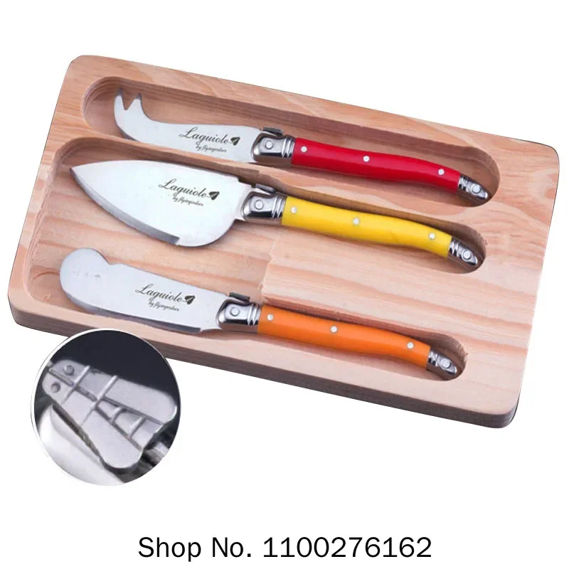

New Laguiole Style 3-Piece Cheese Knives Spreader W/ MultiColor Handles Jam Butter Knife Set in Wooden Box LG06 Free Shipping