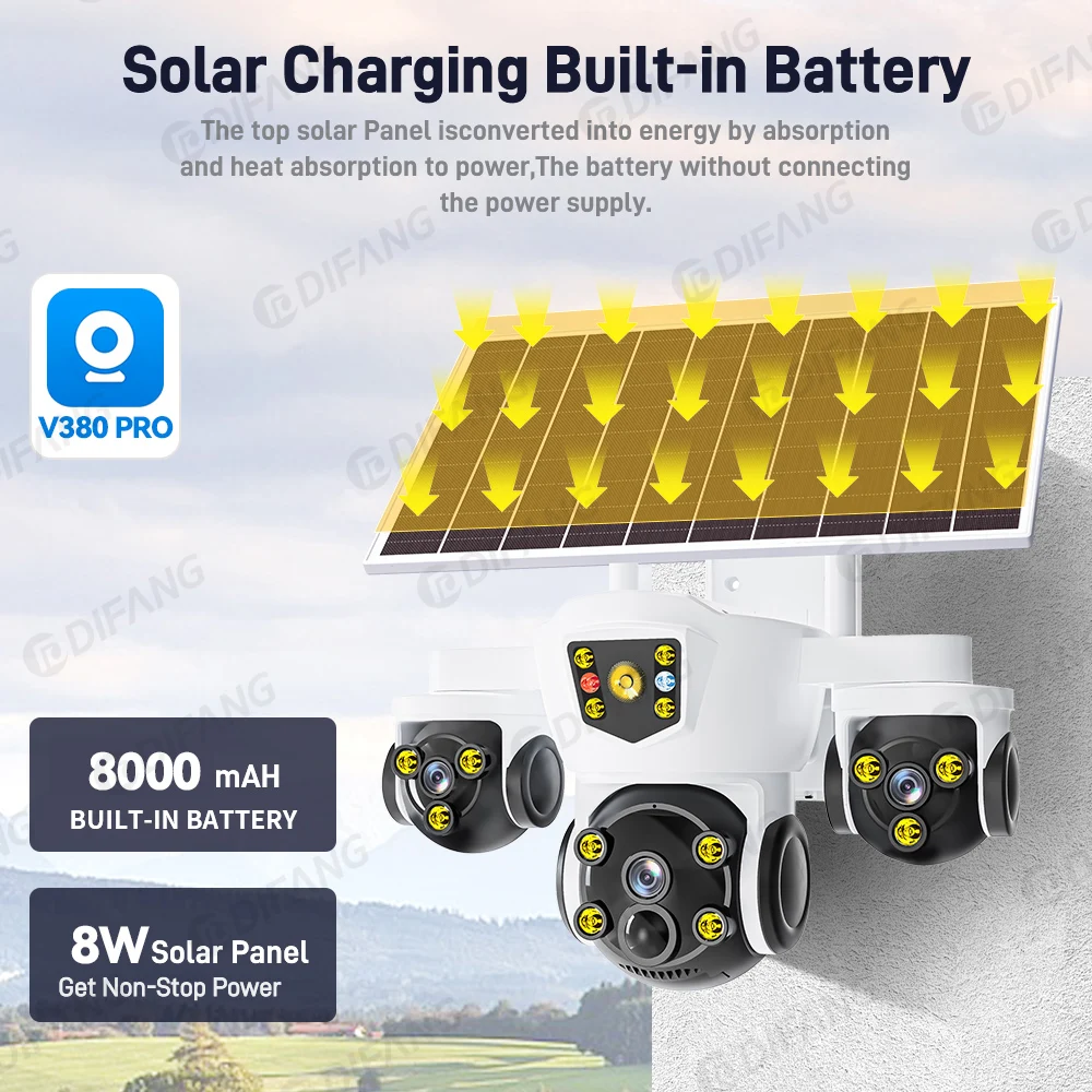 DIFANG Wireless WiFi Solar Camera Three Screen 4G Sim Card Solar CCTV Three Lens Waterproof V380 Pro Solar Video Surveillance