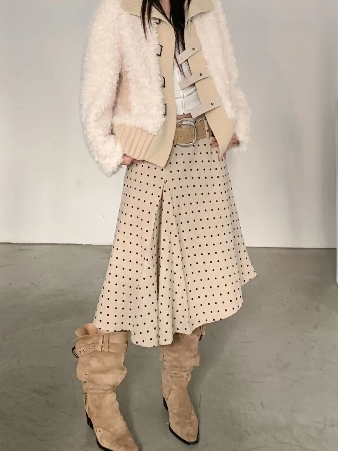 

Korean Sle Asymmetric Polka Dot Wool Skirt Women's Small Size Winter Mid-Length Fi Tail High Waist A-Line Woolen Skirt