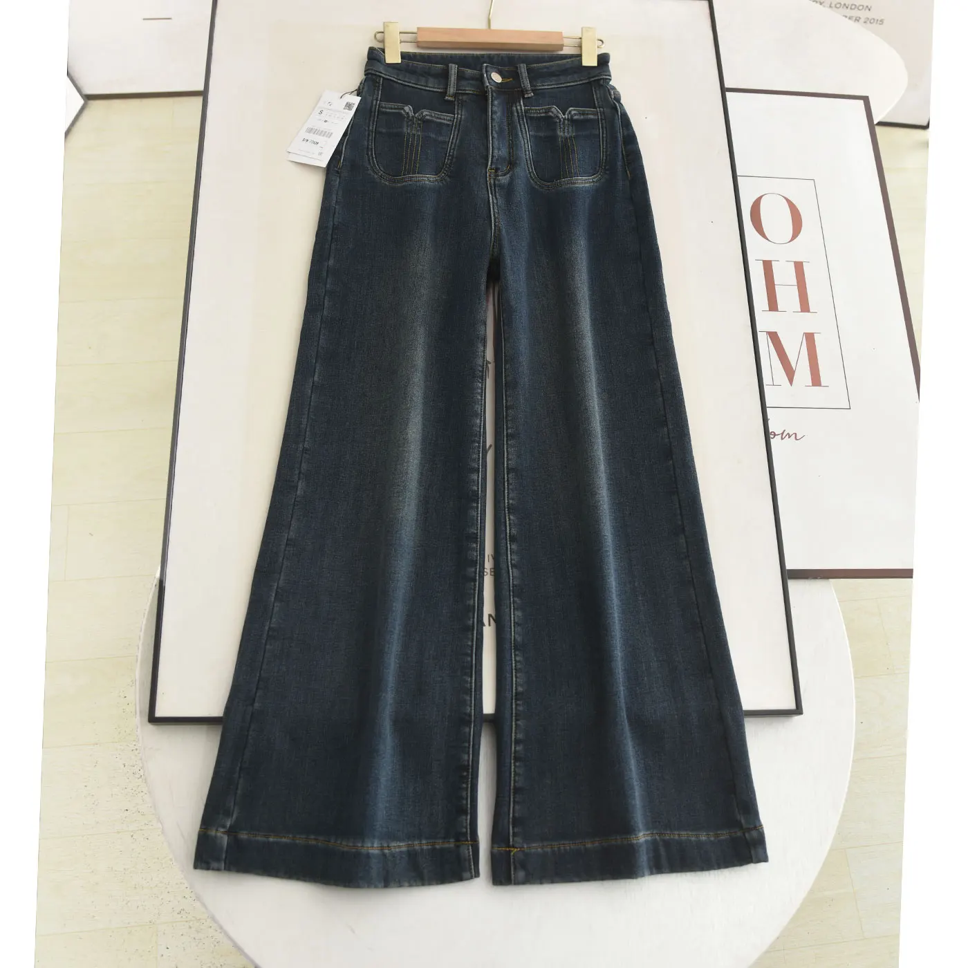 

Thiened Fce Lined Slim Fit Wide Leg Pants American Retro Sle Straight Cut Jeans High Waist Button Closure Ladies Jeans
