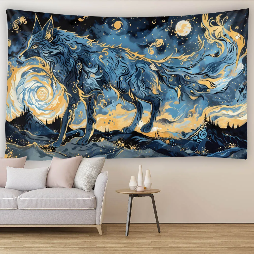 

Mysterious Forest Lone Wolf Tapestry, made of polyester fabric machine washable, suitable for bedroom and living room decoration