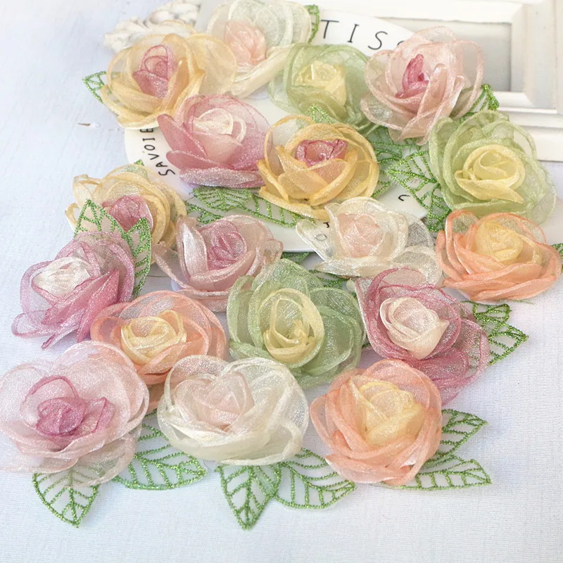 10Pcs 5.5CM Organza Chiffon Fabric Artificial Flower With Leaves Wedding Dress Decoration Home Accessories DIY Fake Flowers