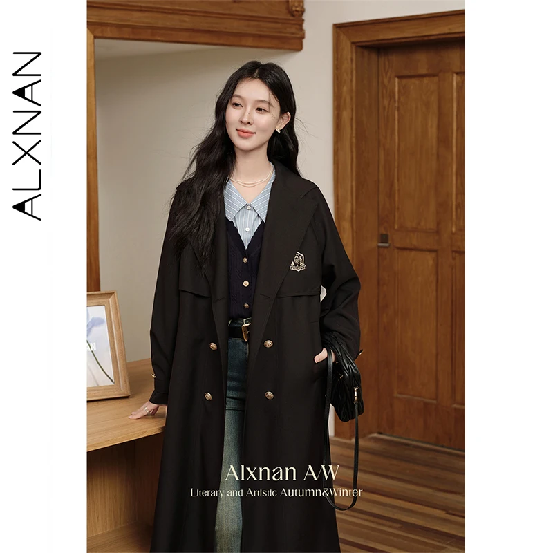 معطف ALXNAN أسود لخريف وشتاء 2025 على طراز الكلية سترة واقية طويلة للنساء موضة جديدة أنيقة معطف مزدوج الصدر L50103