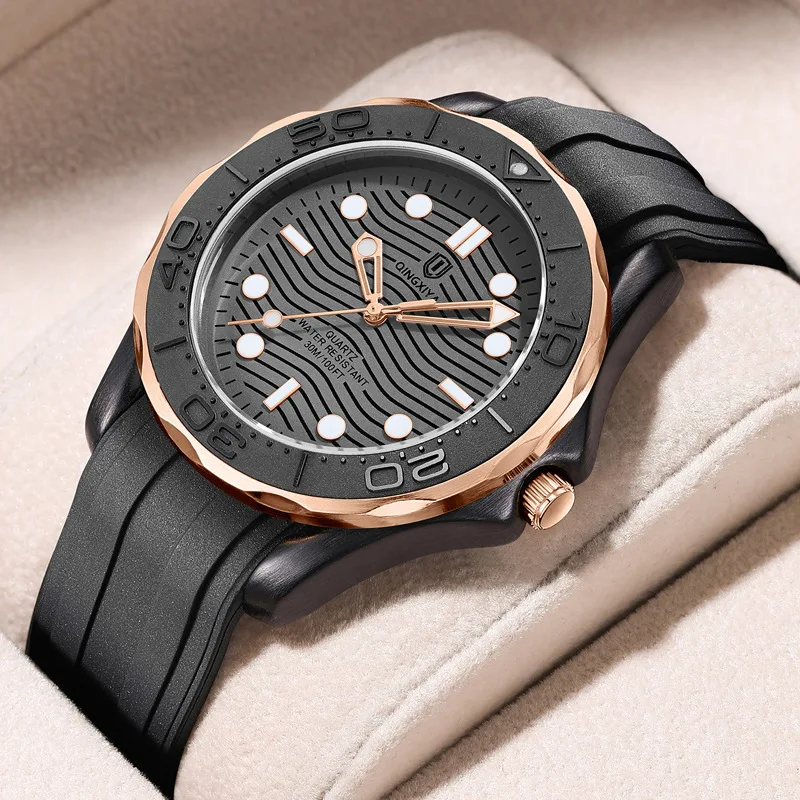 Black Wave Pattern Dial Quartz Watch Men Personality High Quality Hot Selling Classic Design Rubber Strap Sport AAA Men Clock