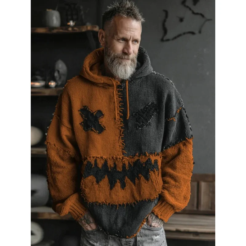 

Европейский свободный топ с v-образным вырезом в стиле Хэллоуина на осень и зиму, повседневная мужская толстая вязаная толстовка с заниженными плечами больших размеров