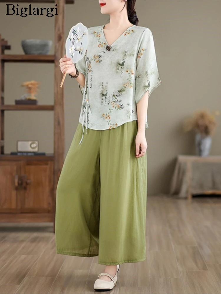 

Oversized Summer Ethnic Style 2 Two Piece Set Women Flower Floral Print Fashion V-Neck Ladies Blouses Wide Leg Loose Woman Pant