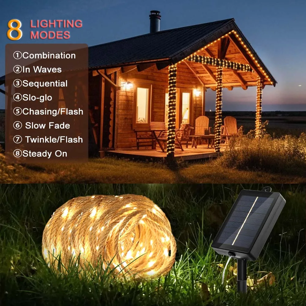 Waterproof Rope Hemp Solar String Light 100/200LED 8 Mode Fairy Lamp Outdoor Patio Lamp for Garden Christmas Wedding Party Decor