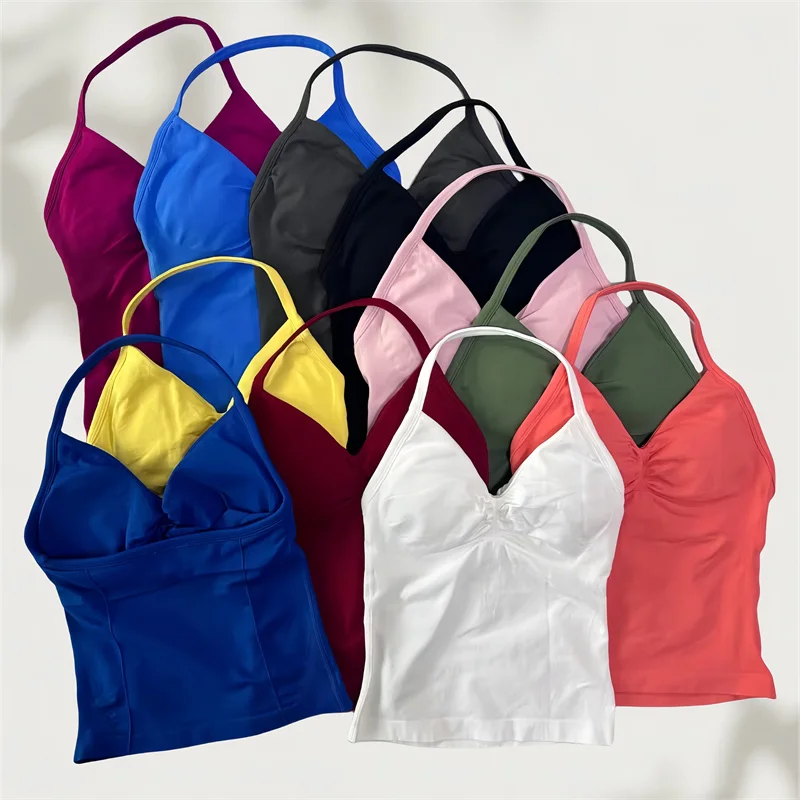 2 قطع النساء تأثير اليوغا مجموعة سلس الخطوط الطويلة Strappy تانك القمم Scrunch السراويل الرياضية الصالة الرياضية ملابس امرأة الصيف تجريب الزي