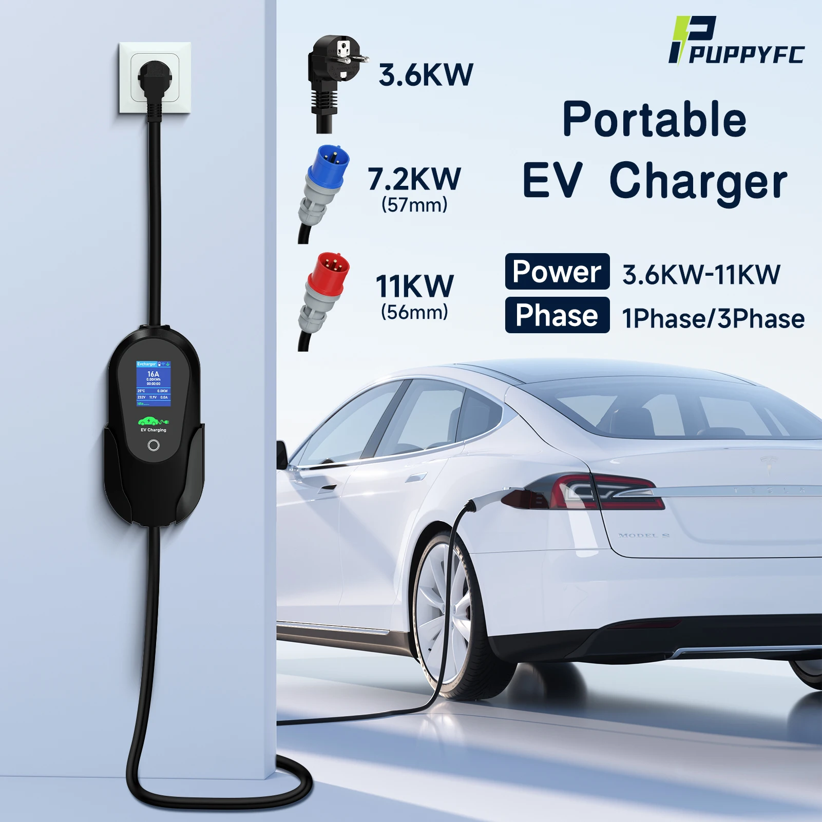 Puppyfc 3.6KW/7KW/11KW Portable EV Charger Type2 Fast Charging CEE Plug Wallbox Cable With WiFi APP Control for Electric Vehicle