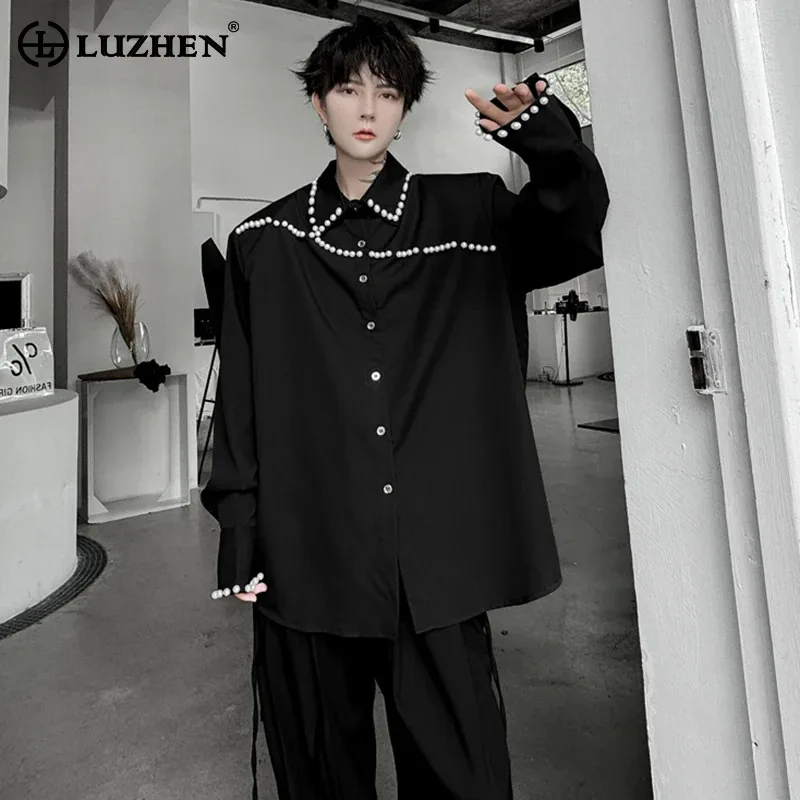 

LUZHEN 2024 Solid Color Pearl Decoration Long Sleeve Shirt Fashion Elegant Loose Men Personalized Casual Versatile Tops LZ6664