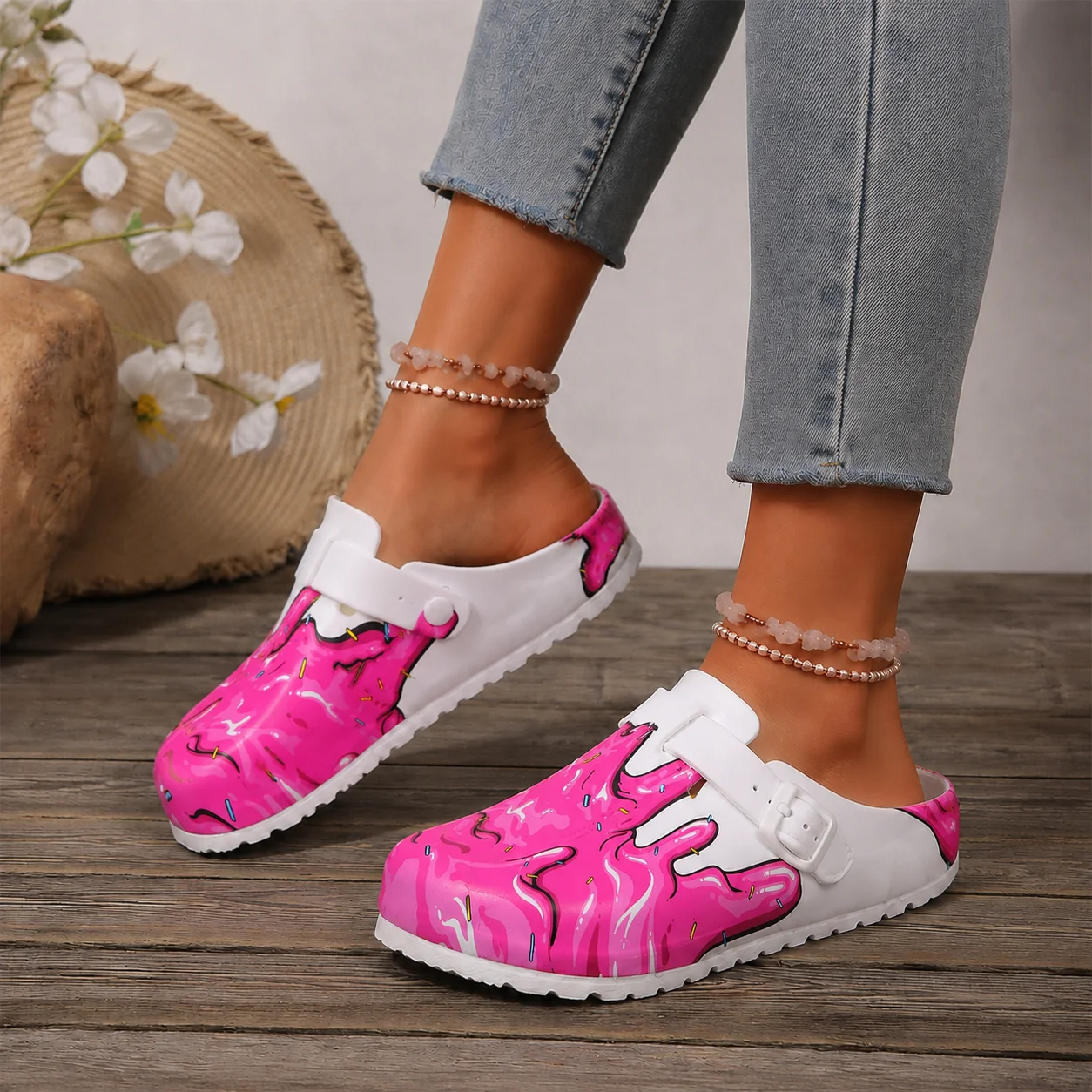 Damen-Krankenschwesterschuhe mit rosa Donut-Muster, geschlossene Zehenpartie, verstellbarer Riemen, zum Überziehen, Pflegeschuhe. – Detail 6