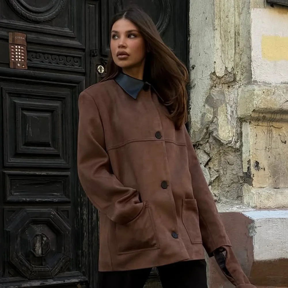 معطف نسائي من جلد الغزال لون الجمل - سترة خريف وشتاء 2025 مع ياقة واقفة سوداء، ملابس خارجية فضفاضة بأكمام طويلة