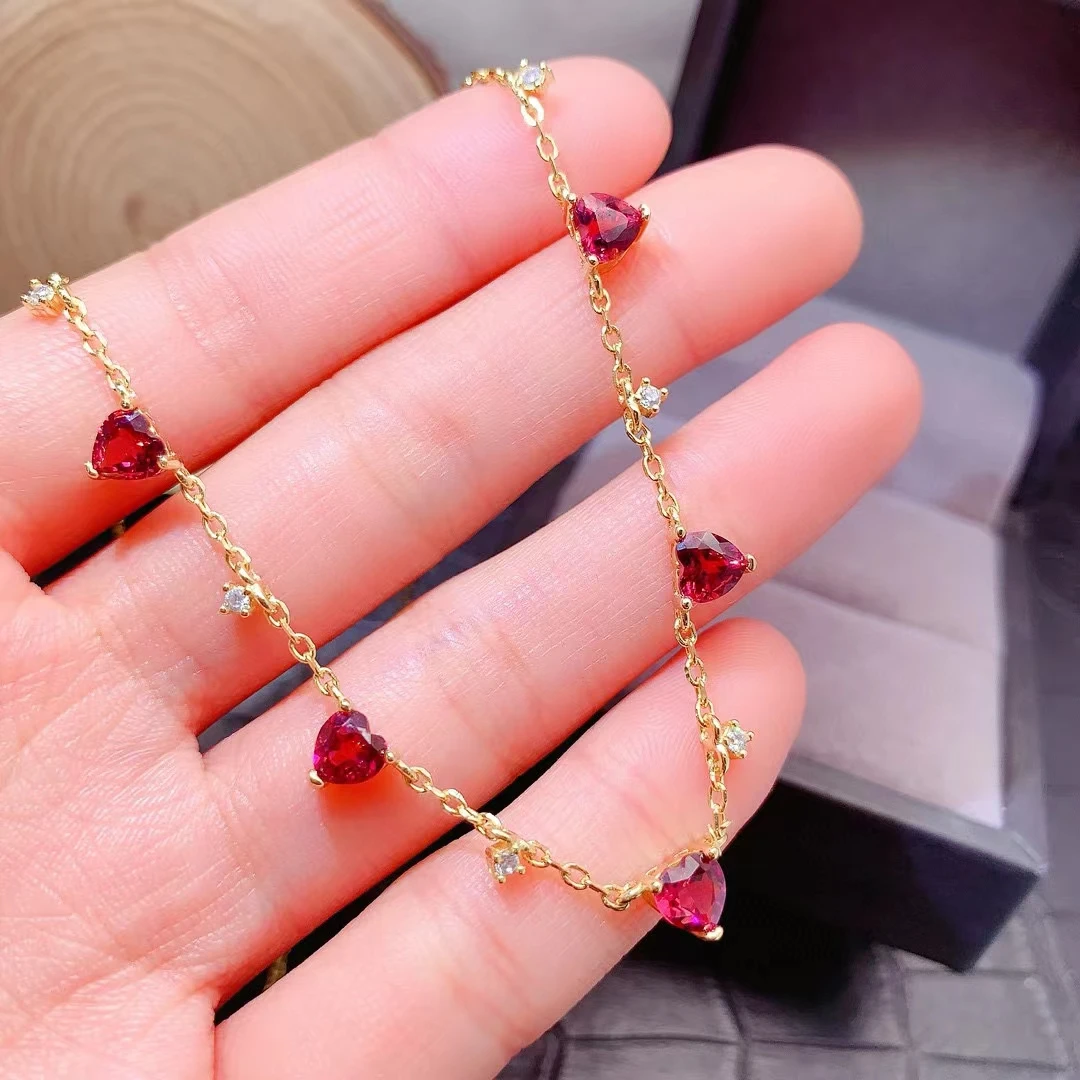 Thin 925 Silver Gemstone Necklace For Vacation 5mm Natural Pyrope Garnet Necklace 18K Gold Plated Garnet Jewelry Keep Shining