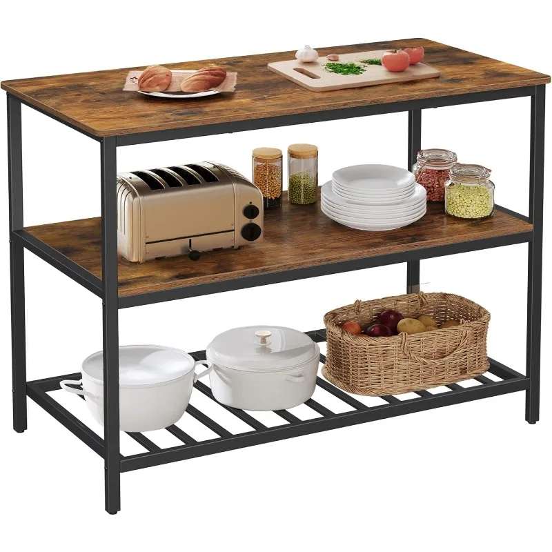 

Kitchen Island with 3 Shelves, 47.2 Inches Width Kitchen Shelf with Large Worktop, Stable Steel Structure, Industrial, Easy to