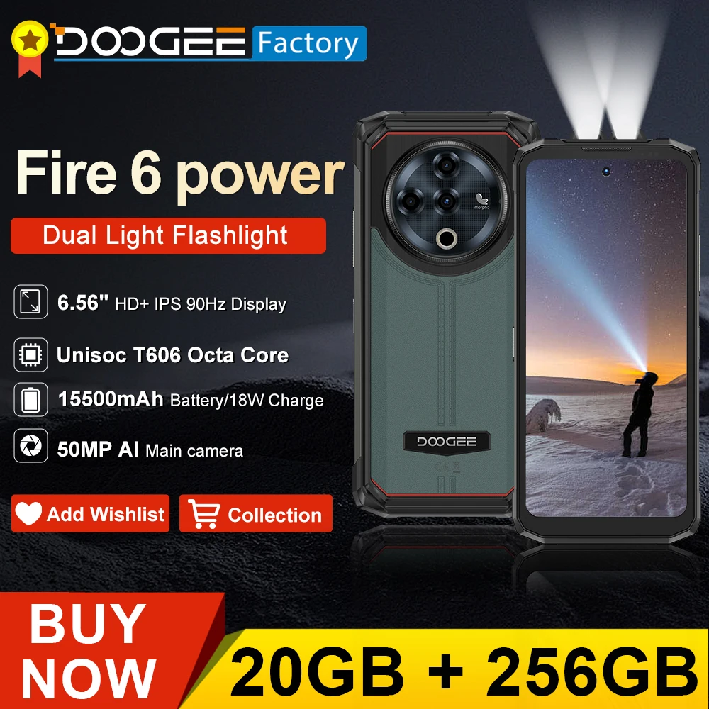 DOOGEE Fire 6 Power Dual Flashlight Rugged Smartphone 15500mAh 20GB(8+12) 256GB 6.56