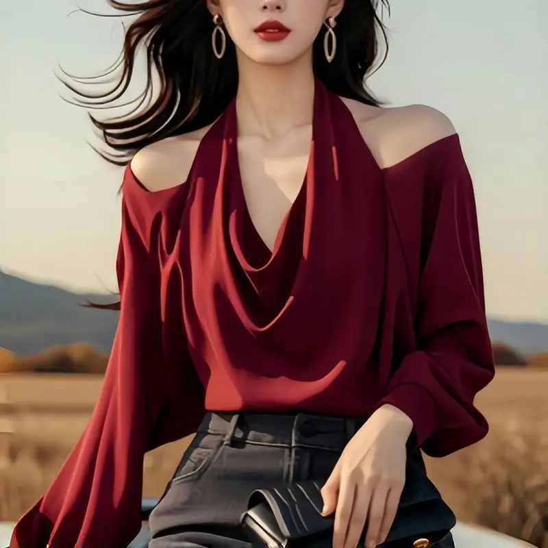 Fake Two Piece Long Sleeve Off Shoulder Loose Blouse Spring New All-match Elegant Shirt Tops Vintage Temperament Women Clothing
