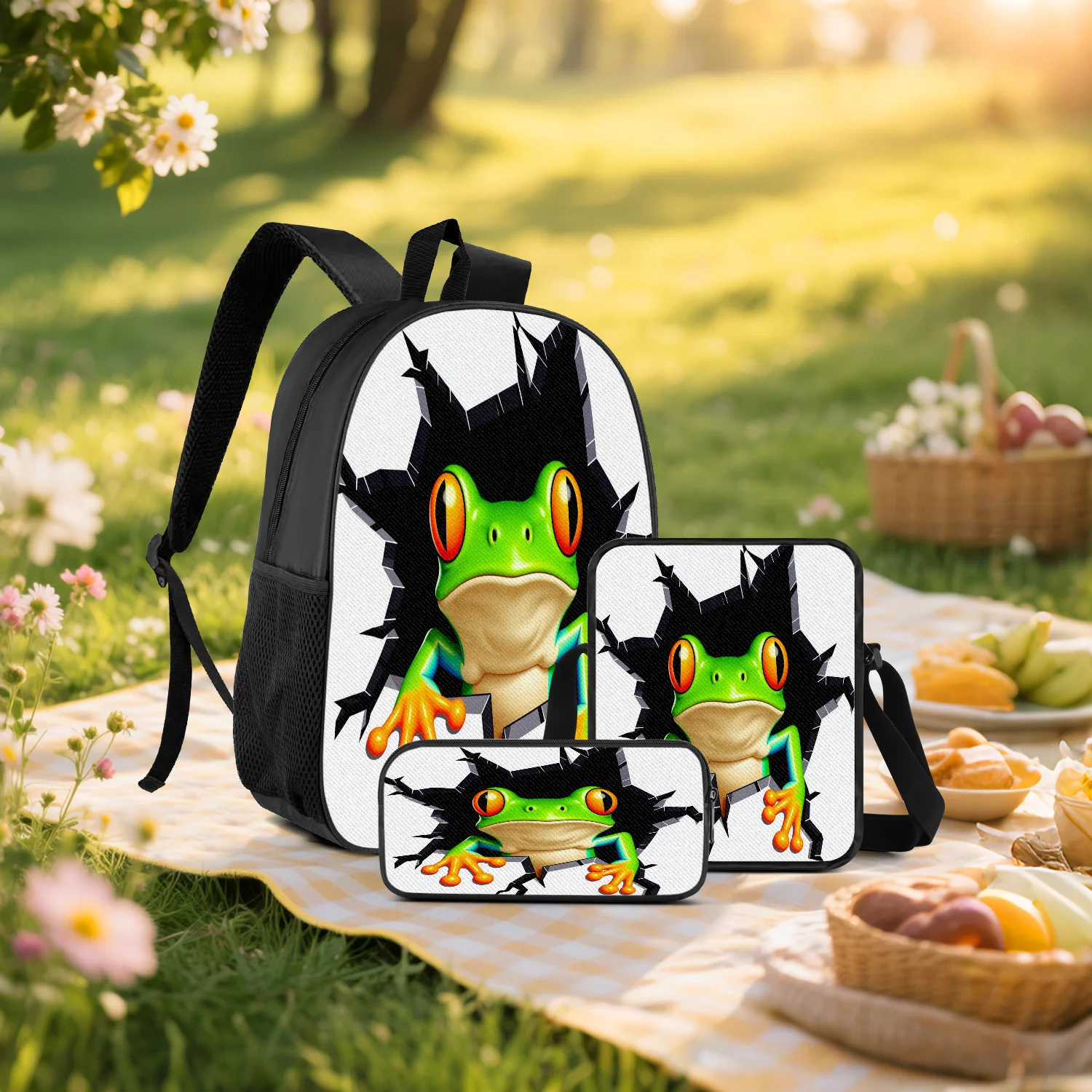 3-Piece Breakout Frog Print Backpack Set, Includes Backpack, Crossbody Bag and Pencil Case, Lightweight Unisex