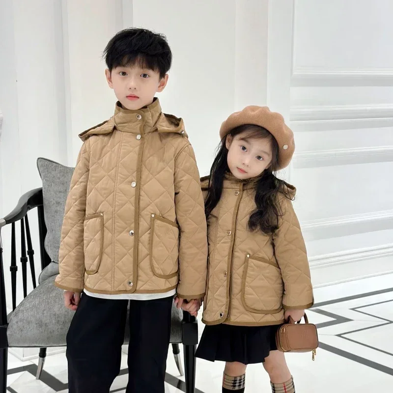 2024 Korean Boys Girls Stand Collar Hooded Cotton Children's Coatwinter Waterproof Thick Warm Parent-Child Winter Outerwear