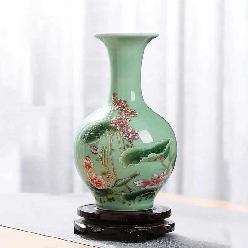 Florero de cerámica verde claro Vintage, jarrón de porcelana china con esmalte verde, florero esmaltado con diseño de loto, mesa de arreglo de flor