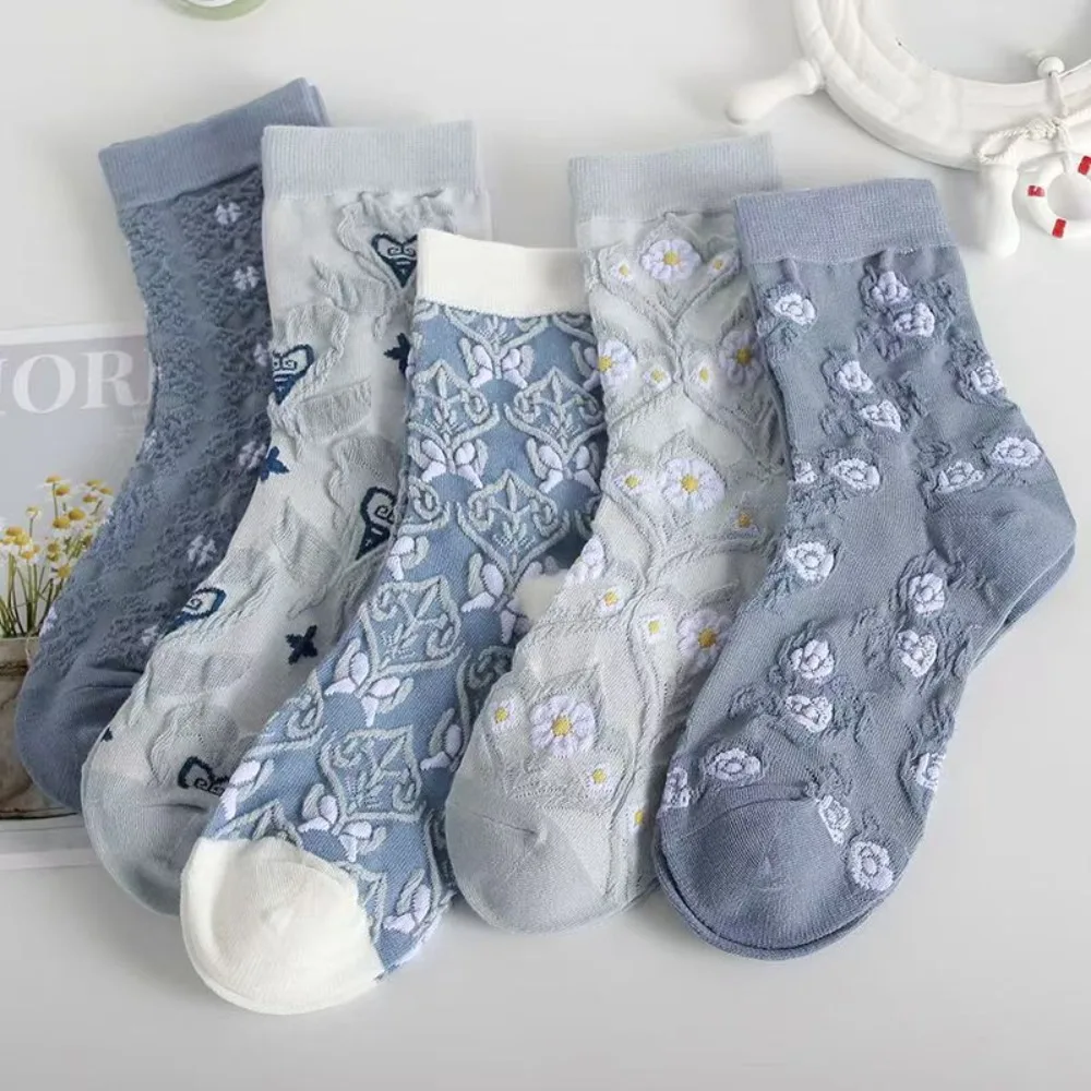 5 Pairs Fresh Blue Floral Print Crew Socks Breathable Soft Ankle Socks Elastic Cuff Cotton Casual Socks Daily Wear